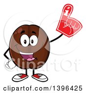 Cartoon Coffee Bean Mascot Character Wearing A Foam Finger