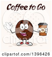 Cartoon Coffee Bean Mascot Character Holding A Take Out Cup And Gesturing Ok Over Halftone