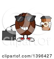 Cartoon Coffee Bean Mascot Character Wearing Sunglasses Holding A Briefcase And A Take Out Cup