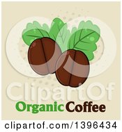Poster, Art Print Of Cartoon Coffee Beans And Leaves Over Text On Halftone