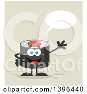 Poster, Art Print Of Flat Design Happy Sushi Roll Character Waving And Talking