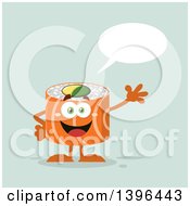 Poster, Art Print Of Flat Design Happy Salmon Sushi Roll Character Waving And Talking