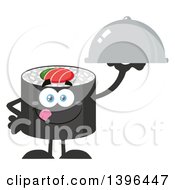 Flat Design Happy Sushi Roll Character Holding A Cloche Platter