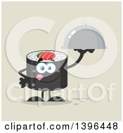 Clipart Of A Flat Design Happy Sushi Roll Character Holding A Cloche Platter Royalty Free Vector Illustration by Hit Toon