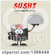 Flat Design Happy Sushi Roll Character Holding A Cloche Platter Under Text