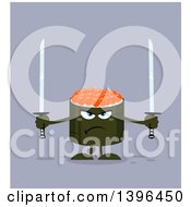 Poster, Art Print Of Flat Design Happy Caviar Sushi Roll Character Holding Swords