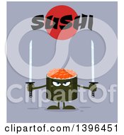 Flat Design Happy Caviar Sushi Roll Character Holding Swords Under Text