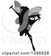 Poster, Art Print Of Black Silhouetted Cheering Flying Female Fairy With Gray Wings
