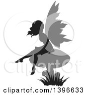 Poster, Art Print Of Black Silhouetted Female Fairy With Gray Wings Sitting On A Mushroom