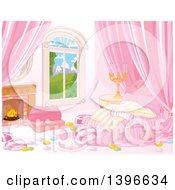 Poster, Art Print Of Candy Themened Bedroom With A Fireplace And View Of Mountains