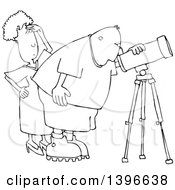 Poster, Art Print Of Cartoon Black And White Lineart Chubby Male Astronomer And His Wife Looking Through A Telescope