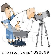 Cartoon Chubby White Male Astronomer And His Wife Looking Through A Telescope