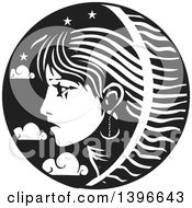 Poster, Art Print Of Black And White Woodcut Profiled Womans Face In A Circle Of Stars And Clouds