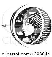 Poster, Art Print Of Black And White Woodcut Profiled Womans Face In A Circle Of Stars And Clouds With An Arrow