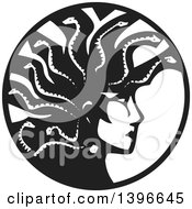 Clipart Of A Black And White Woodcut Profiled Medusa With Her Snake Hair In A Circle Royalty Free Vector Illustration