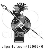 Poster, Art Print Of Black And White Woodcut Profiled Medusa With Her Snake Hair Holding A Spear And Shield