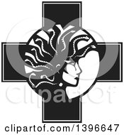 Black And White Woodcut Profiled Medusa With Her Snake Hair Over A Cross