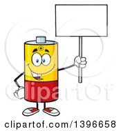 Cartoon Battery Character Mascot Holding Up A Blank Sign