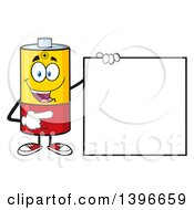 Cartoon Battery Character Mascot Pointing To A Blank Sign