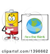 Cartoon Battery Character Mascot Holding A Save Our Earth Sign
