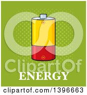 Poster, Art Print Of Cartoon Yellow And Red Battery Over Energy Text On Green