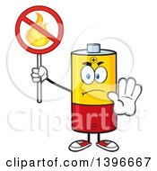 Cartoon Battery Character Mascot Holding A No Fire Sign