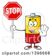 Cartoon Battery Character Mascot Holding A Stop Sign
