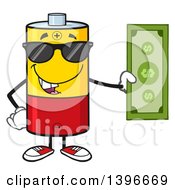 Cartoon Battery Character Mascot Wearing Sunglasses And Holding Cash Money