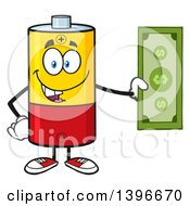 Cartoon Battery Character Mascot Holding Cash Money
