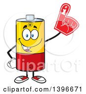 Cartoon Battery Character Mascot Wearing A Foam Finger