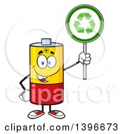 Poster, Art Print Of Cartoon Battery Character Mascot Holding A Recycle Sign