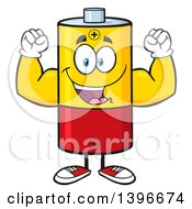 Poster, Art Print Of Cartoon Battery Character Mascot Flexing His Muscles