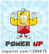 Cartoon Battery Character Mascot Flexing His Muscles Over Power Up Text On Blue