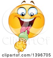 Poster, Art Print Of Cartoon Yellow Smiley Face Emoji Emoticon Eating A Waffle Ice Cream Cone