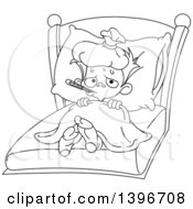 Clipart Of A Cartoon Black And White Lineart Sick Boy In Bed Royalty Free Vector Illustration by yayayoyo