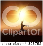 Clipart Of A Fit Silhouetted Woman Doing Yoga Against An Orange Mountainous Sunset Royalty Free Vector Illustration
