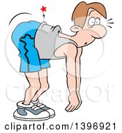 Cartoon Caucasian Man In Exercise Clothes Bending Over With An Aching Back