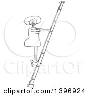 Poster, Art Print Of Cartoon Black And White Lineart Woman Climbing A Ladder