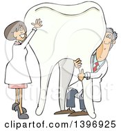 Cartoon Caucasian Male And Female Dentist Holding Up A Giant Tooth