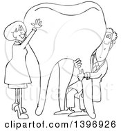 Poster, Art Print Of Cartoon Black And White Lineart Male And Female Dentist Holding Up A Giant Tooth