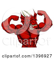 Poster, Art Print Of Cartoon Roaring Red Muscular Dragon Man Flexing From The Waist Up