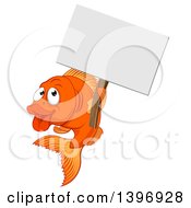 Poster, Art Print Of Cartoon Happy Goldfish Holding A Blank Sign