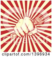 Poster, Art Print Of Retro Woodcut Or Engraved Fisted Hand Holding A Fork Over Beige And Red Rays