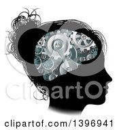 Poster, Art Print Of Black Silhouetted Girls Face With 3d Gear Cogs Visible In Her Brain