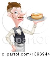 Clipart Of A White Male Waiter With A Curling Mustache Holding A Hot Dog On A Platter Royalty Free Vector Illustration