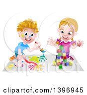 Poster, Art Print Of Cartoon Happy White Boy Kneeling And Painting Artwork And Girl Playing With Toy Blocks
