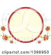 Poster, Art Print Of Circular Label Frame With Winter Snowflakes And Poinsettias