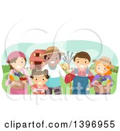 Clipart Of A Group Of Farmers In A Pasture Royalty Free Vector Illustration