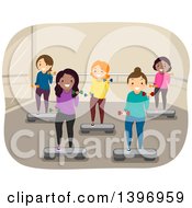 Clipart Of A Group Of Women Working Out In A Step Class Royalty Free Vector Illustration