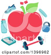 Red Apple Frame Bordered With Gym Equipment